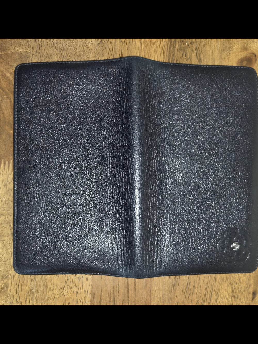 CHANEL Black Lambskin Leather Billfold Camellia Floral Accent With CC Emblem